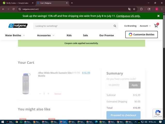 Nalgene checkout page showing Nalgene promo code box | Screenshot taken by SimplyCodes community member on Jul 9, 2025