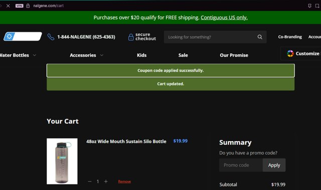 Nalgene checkout page showing Nalgene promo code box | Screenshot taken by SimplyCodes community member on Aug 17, 2025