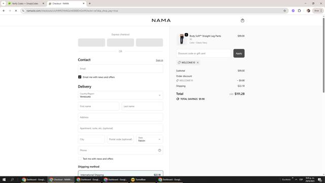 NAMA Clothing checkout page showing NAMA Clothing discount code box | Screenshot taken by SimplyCodes community member on Sep 30, 2025
