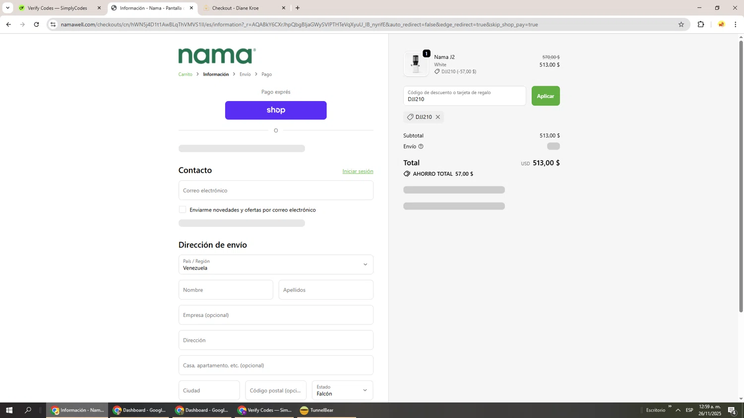 Nama Well discount code screenshot showing code DJJ210 applied at Nama Well checkout page. Uploaded by SimplyCodes community member Richard251 on Nov 26, 2025