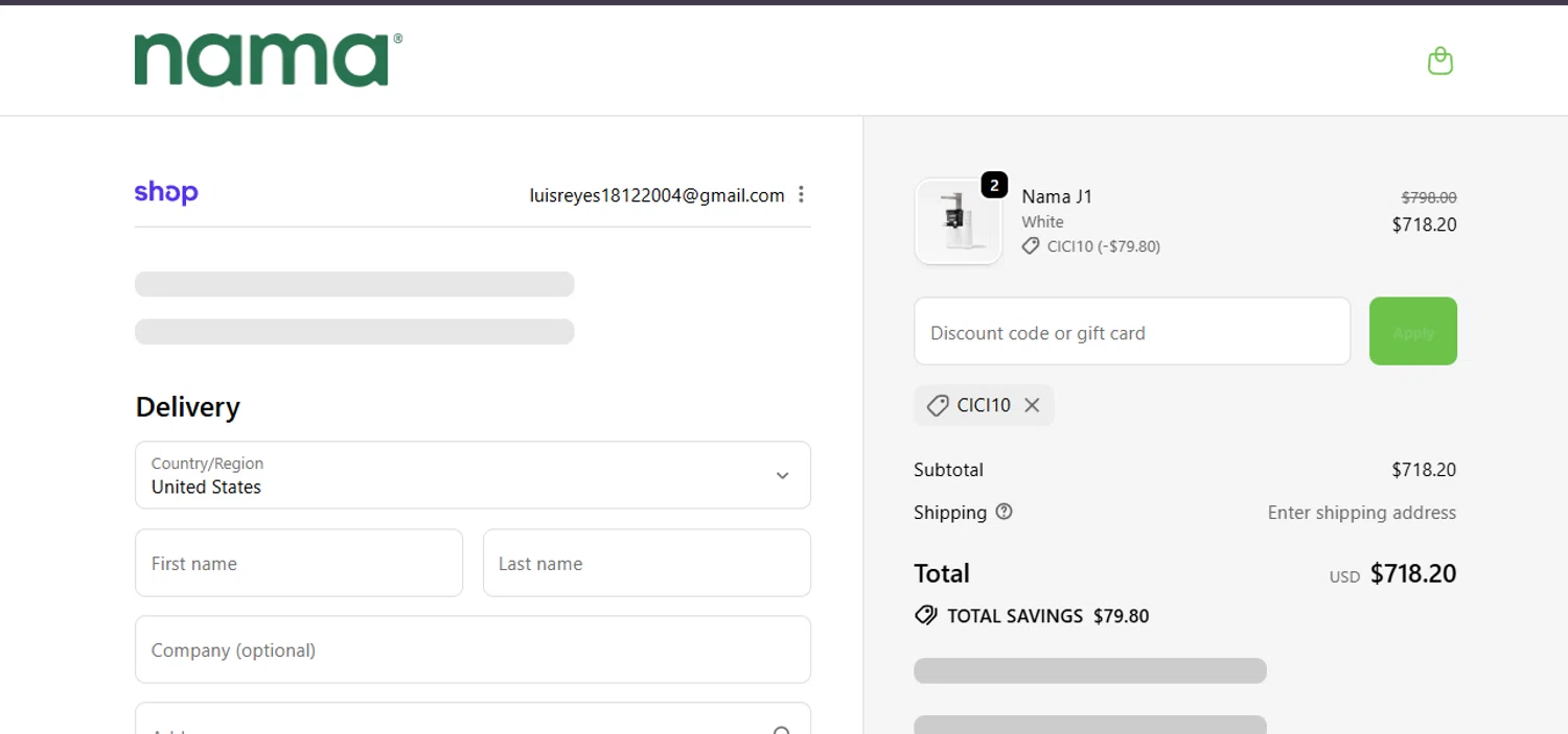 Nama Well discount code screenshot showing code cici10 applied at Nama Well checkout page. Uploaded by SimplyCodes community member GoldPilot8897 on Sep 21, 2025