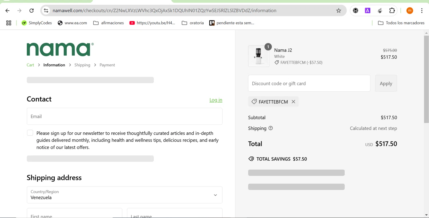 Nama Well discount code screenshot showing code FAYETTEBFCM applied at Nama Well checkout page. Uploaded by SimplyCodes community member ROIS28 on Feb 18, 2025