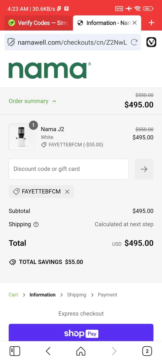 Nama Well discount code screenshot showing code FAYETTEBFCM applied at Nama Well checkout page. Uploaded by SimplyCodes community member RoyalSage9159 on Jan 20, 2025