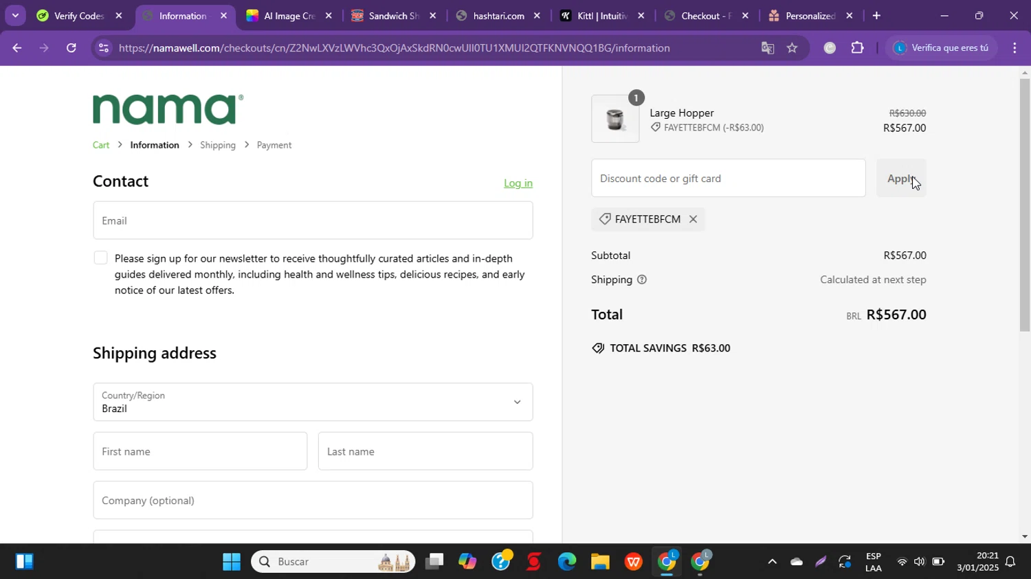 Nama Well discount code screenshot showing code FAYETTEBFCM applied at Nama Well checkout page. Uploaded by SimplyCodes community member Suarez on Jan 3, 2025