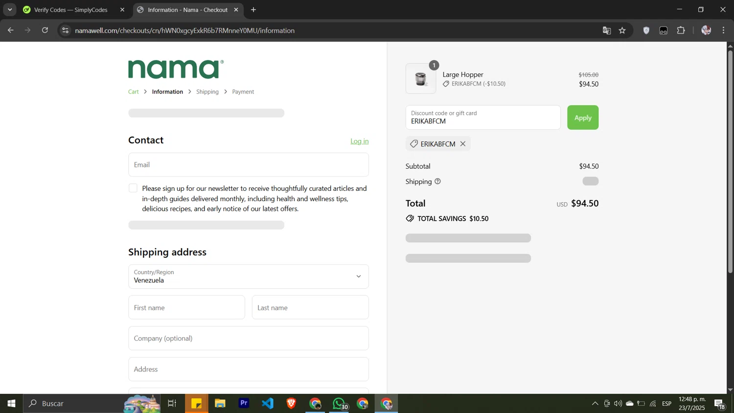 Nama Well discount code screenshot showing code ERIKABFCM applied at Nama Well checkout page. Uploaded by SimplyCodes community member Pansito on Jul 23, 2025
