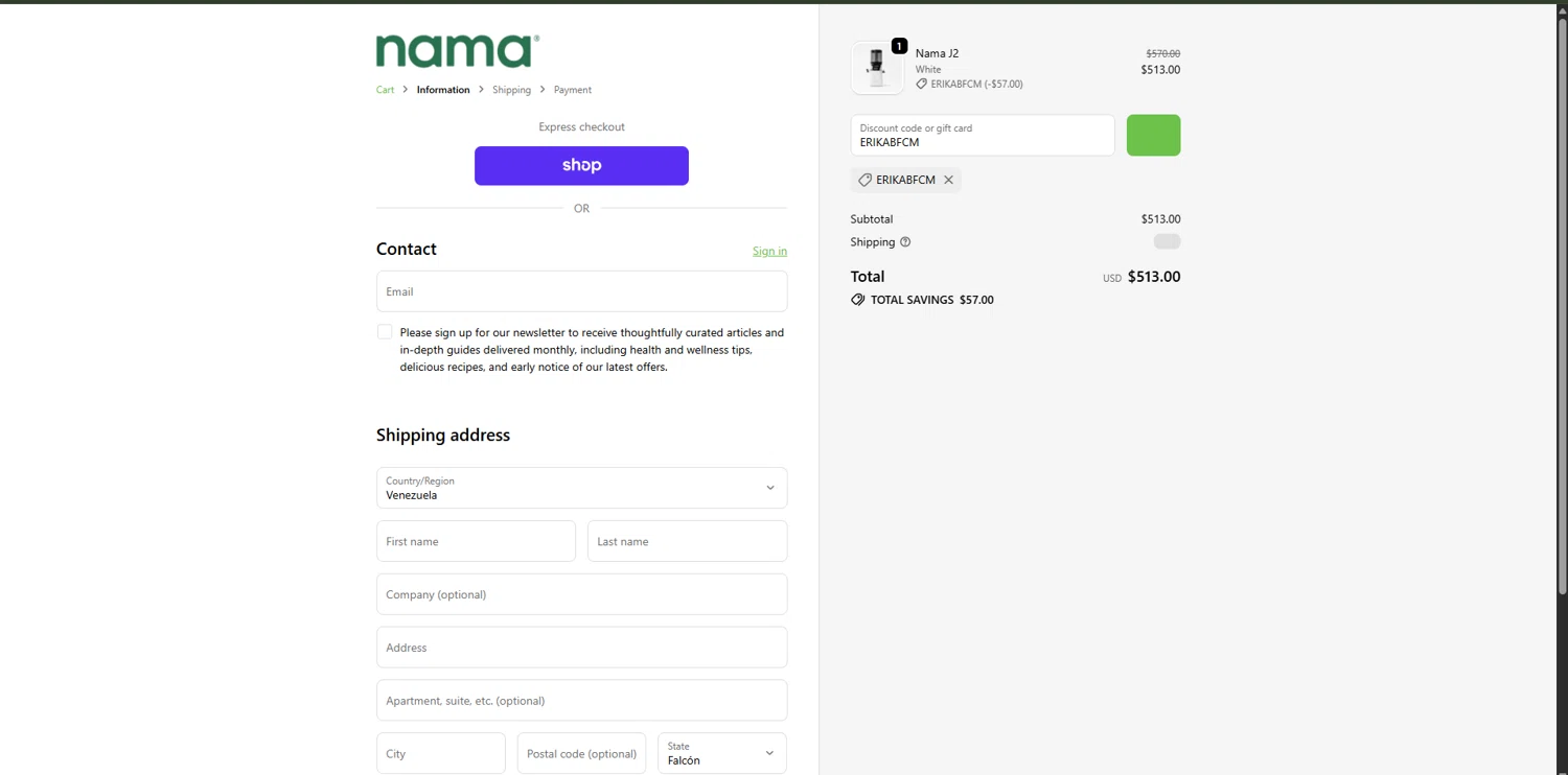 Nama Well discount code screenshot showing code ERIKABFCM applied at Nama Well checkout page. Uploaded by SimplyCodes community member RoyalVirtuoso4479 on Oct 24, 2025