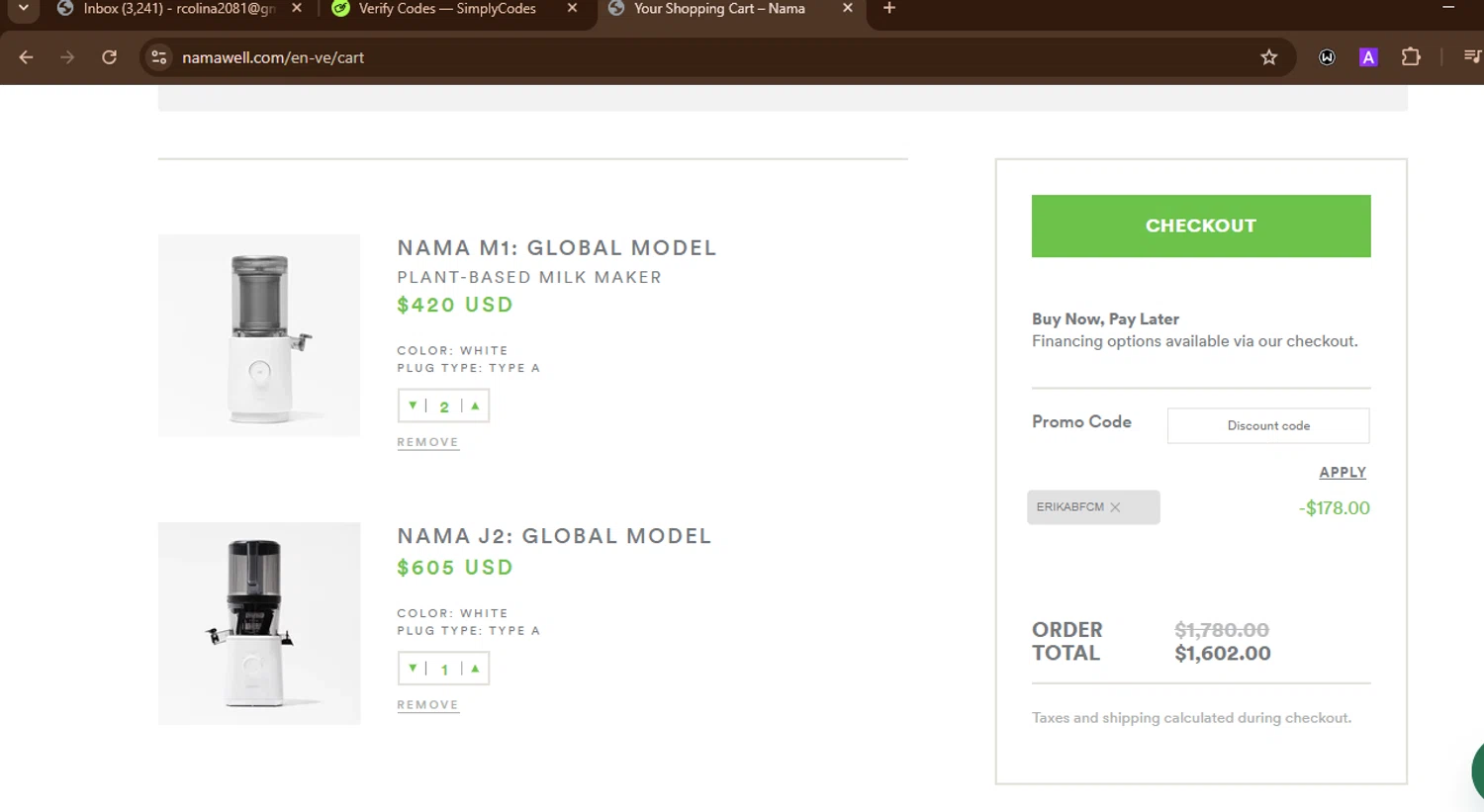 Nama Well discount code screenshot showing code ERIKABFCM applied at Nama Well checkout page. Uploaded by SimplyCodes community member SnoopDogg on Aug 9, 2025