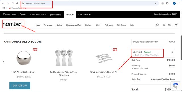 Nambe checkout page showing Nambe promo code box | Screenshot taken by SimplyCodes community member on Jul 22, 2025