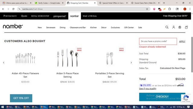 Nambe checkout page showing Nambe promo code box | Screenshot taken by SimplyCodes community member on Jul 31, 2025