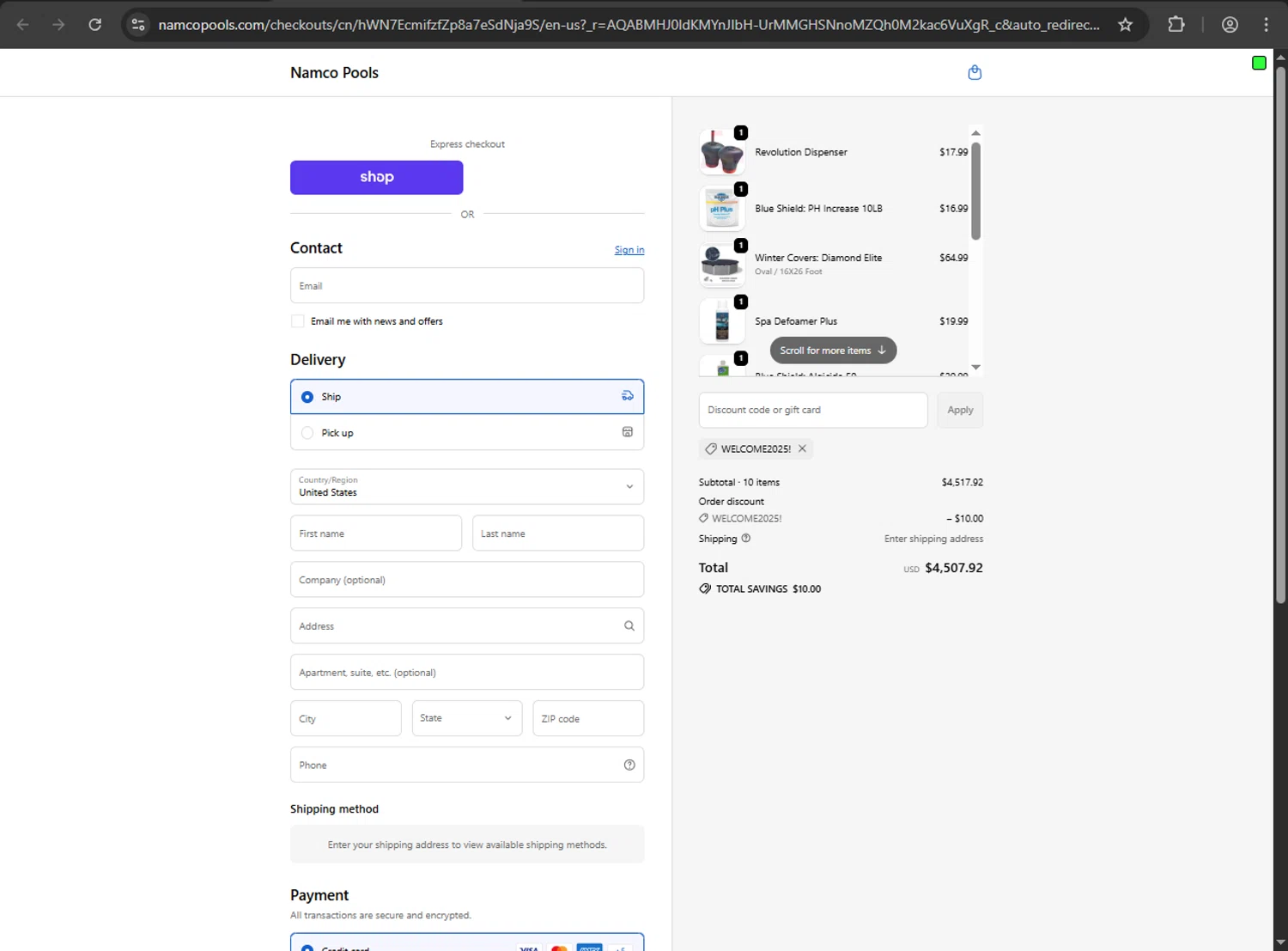 Namco Pool and Patio Super Store promo code screenshot showing code WELCOME2025! applied at Namco Pool and Patio Super Store checkout page. Uploaded by SimplyCodes community member megagei on Jan 4, 2026