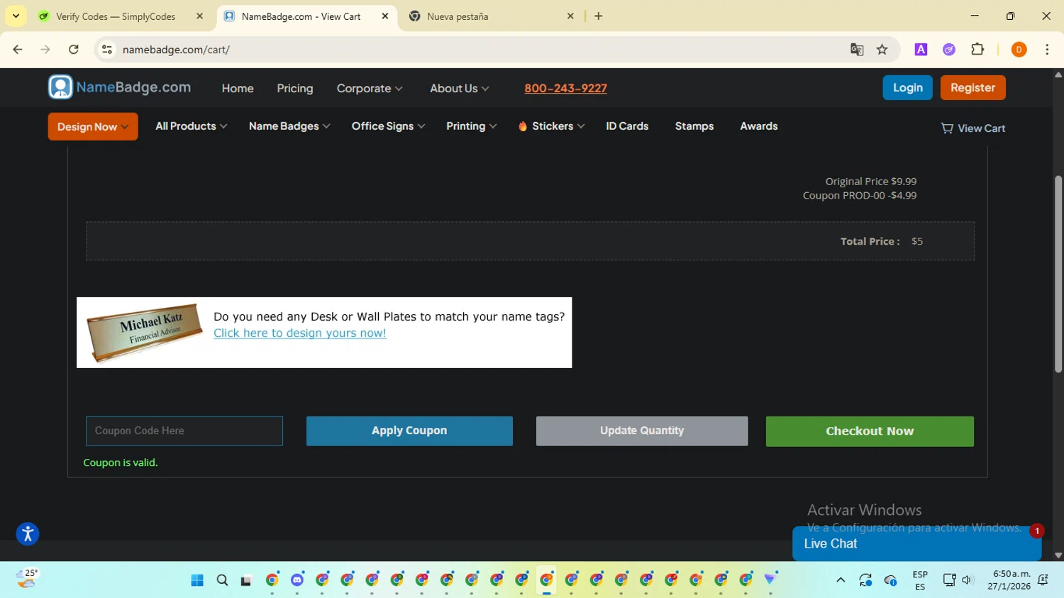 Name Badge promo code screenshot showing code PROD-00 applied at Name Badge checkout page. Uploaded by SimplyCodes community member SavingsMaverick3203 on Jan 27, 2026