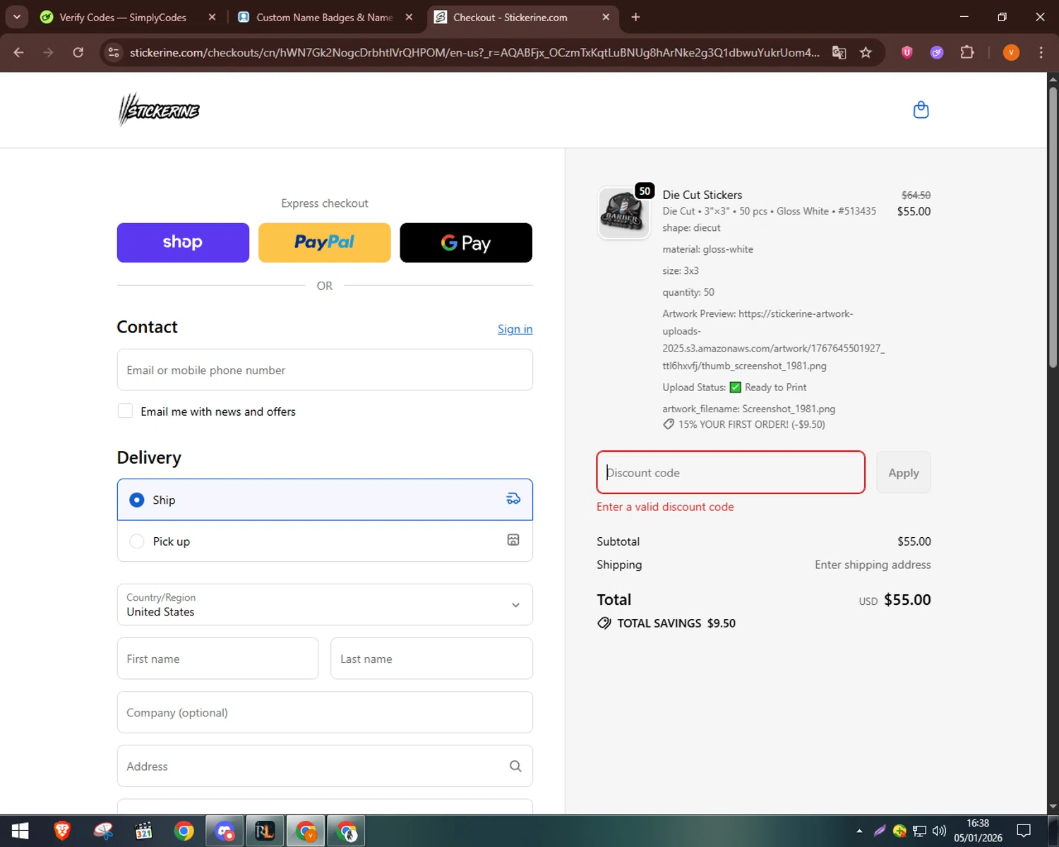 Name Badge promo code screenshot showing code NEWYEAR applied at Name Badge checkout page. Uploaded by SimplyCodes community member bulbasaur69 on Jan 5, 2026