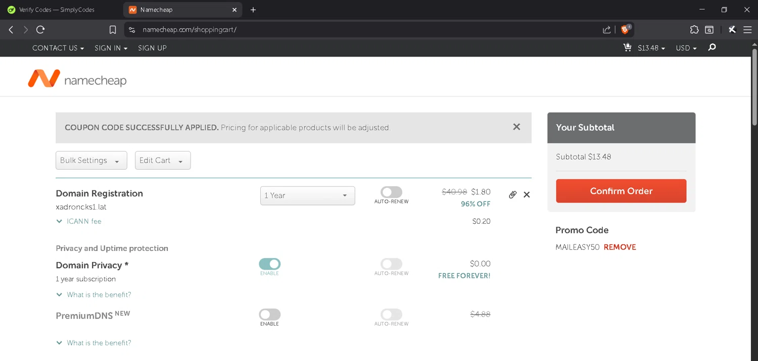 Namecheap promo code screenshot showing code MAILEASY50 applied at Namecheap checkout page. Uploaded by SimplyCodes community member MadaraUchiha07 on Aug 29, 2025