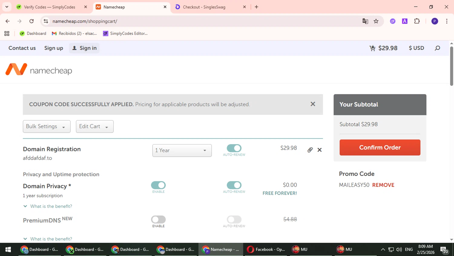 Namecheap promo code screenshot showing code MAILEASY50 applied at Namecheap checkout page. Uploaded by SimplyCodes community member TrevorPhilips on Feb 25, 2026