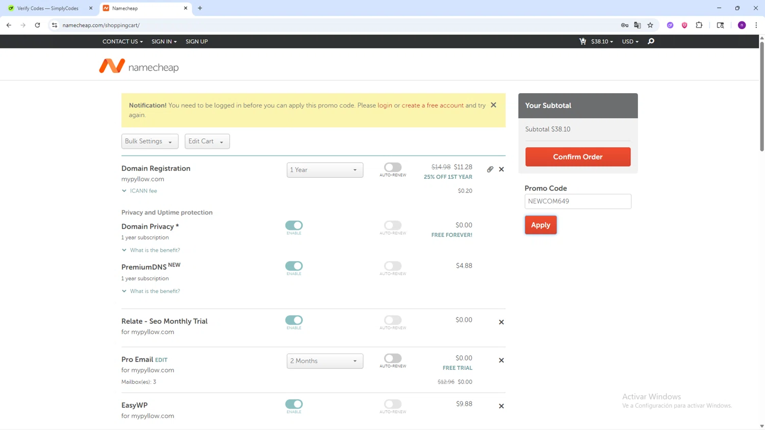 Namecheap promo code screenshot showing code NEWCOM649 applied at Namecheap checkout page. Uploaded by SimplyCodes community member AVAMUSTANG on Aug 29, 2025