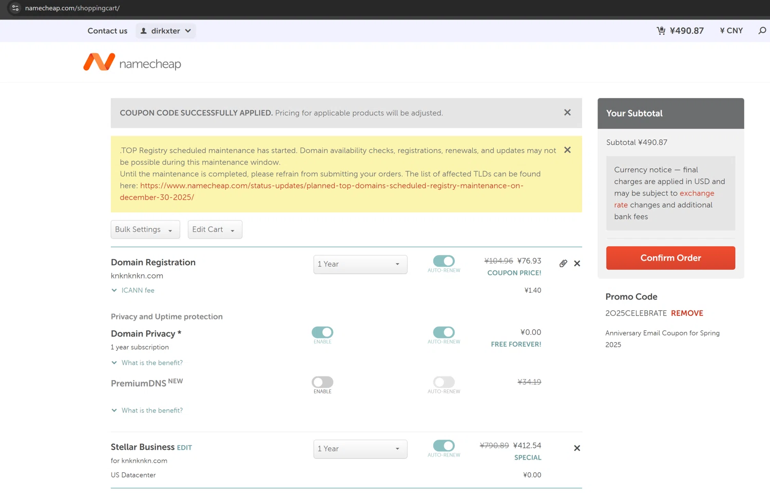Namecheap promo code screenshot showing code 2O25CELEBRATE applied at Namecheap checkout page. Uploaded by SimplyCodes community member PopomsPapa on Dec 30, 2025