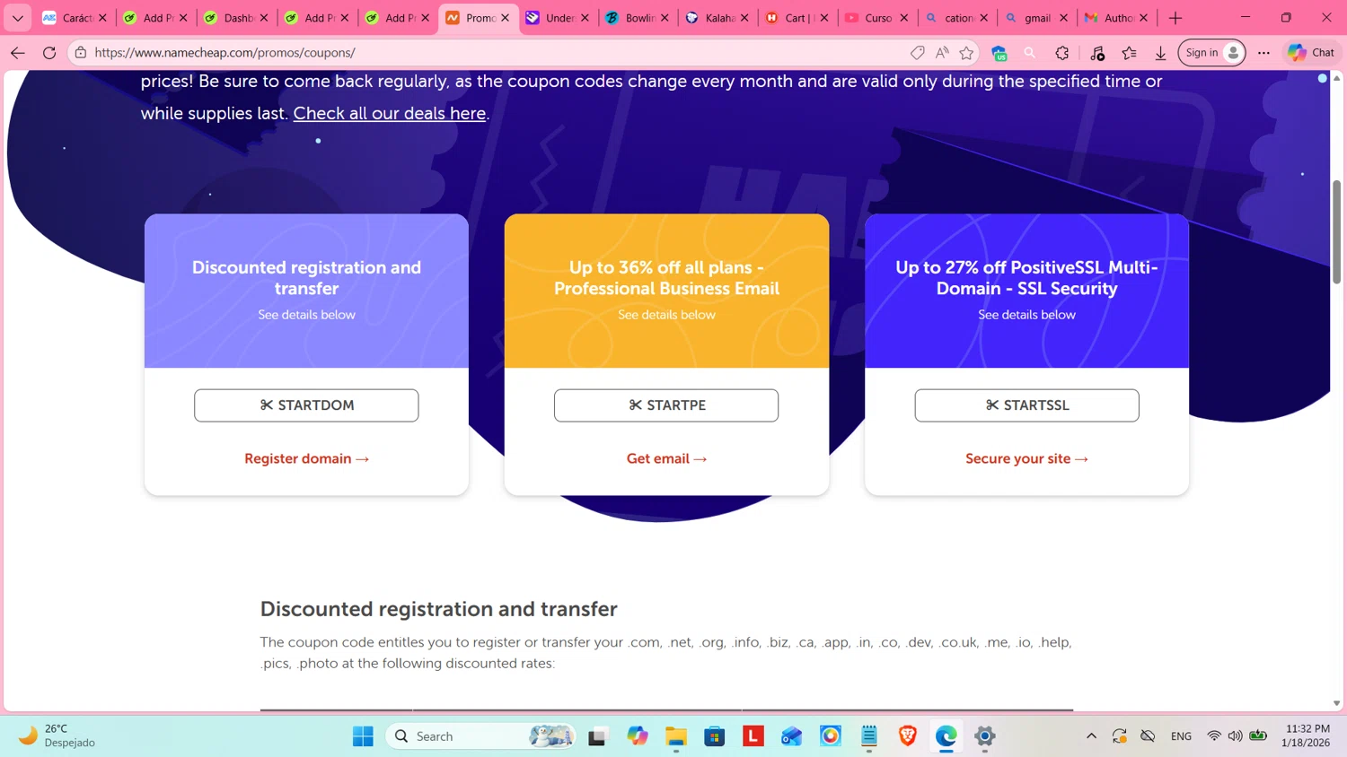Namecheap promo code screenshot showing code STARTSSL applied at Namecheap checkout page. Uploaded by SimplyCodes community member cosita on Jan 19, 2026