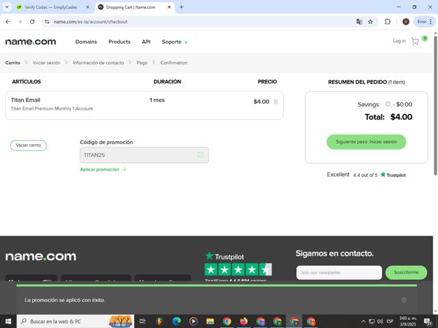 Name.com checkout page showing Name.com promo code box | Screenshot taken by SimplyCodes community member on Sep 3, 2025