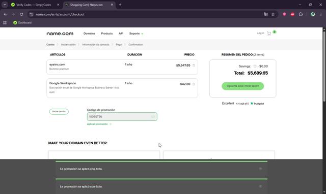 Name.com checkout page showing Name.com promo code box | Screenshot taken by SimplyCodes community member on Sep 15, 2025