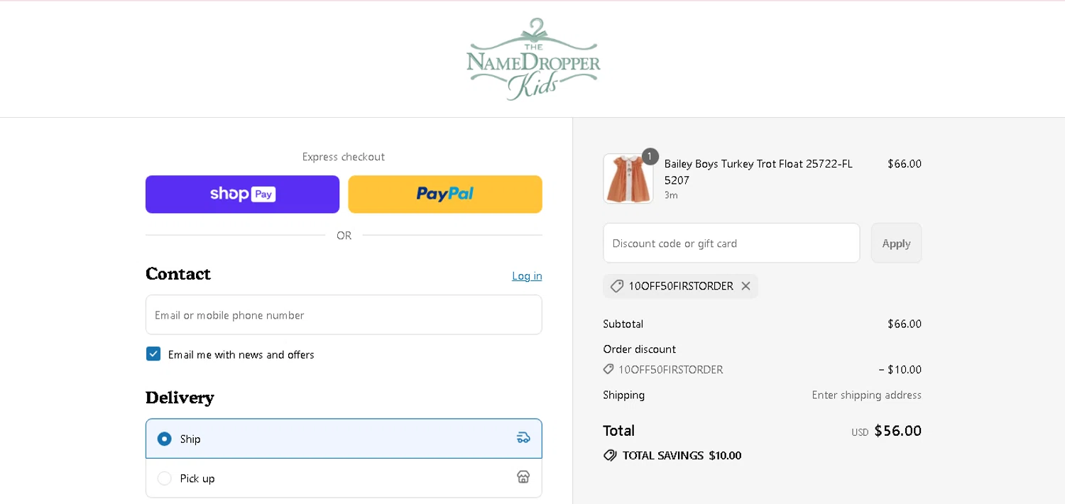 Name Dropper Kids promo code screenshot showing code 10OFF50FIRSTORDER applied at Name Dropper Kids checkout page. Uploaded by SimplyCodes community member CashAce9852 on Aug 3, 2025