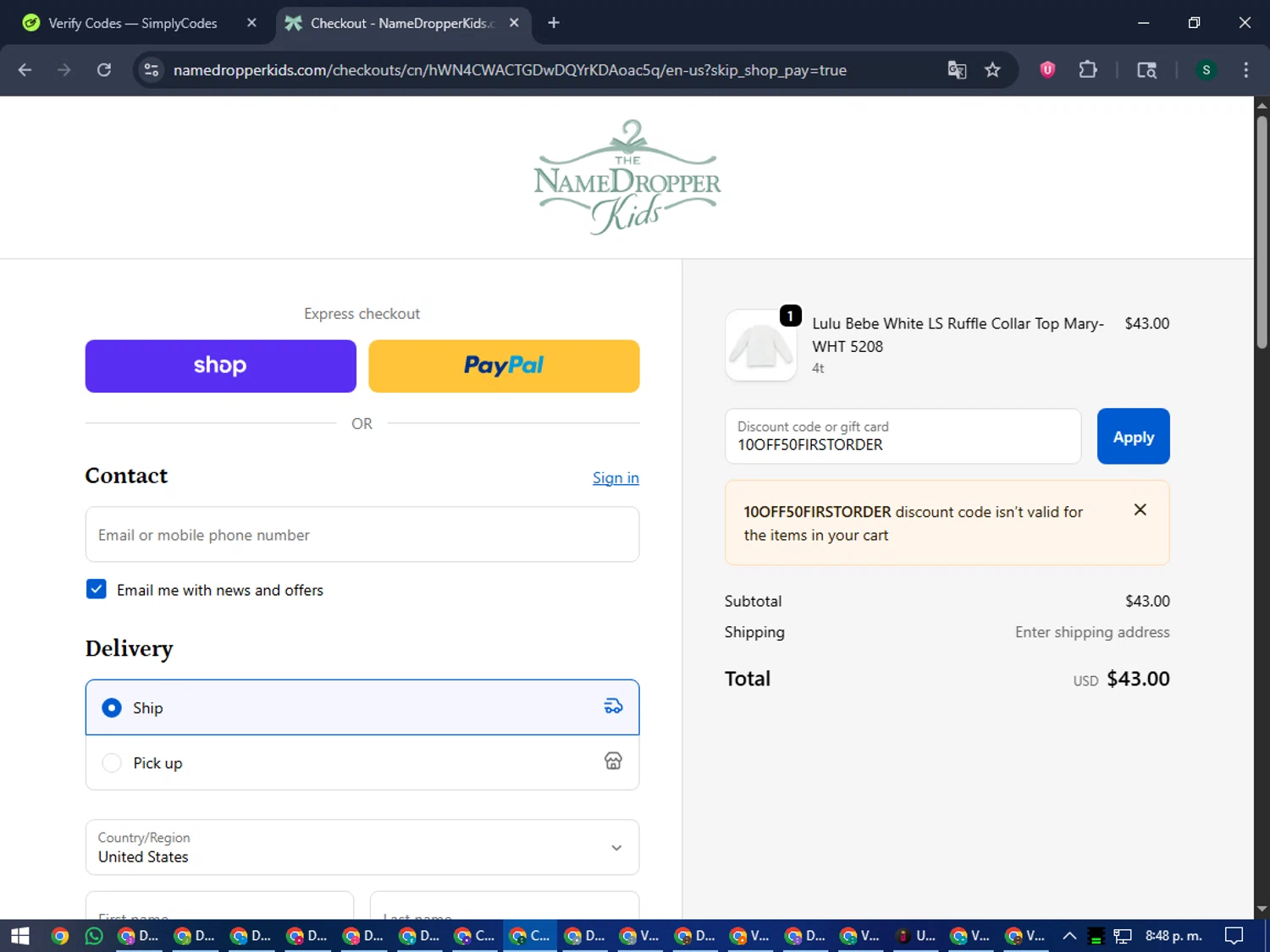 Name Dropper Kids promo code screenshot showing code 10OFF50FIRSTORDER applied at Name Dropper Kids checkout page. Uploaded by SimplyCodes community member lilMosey on Oct 17, 2025