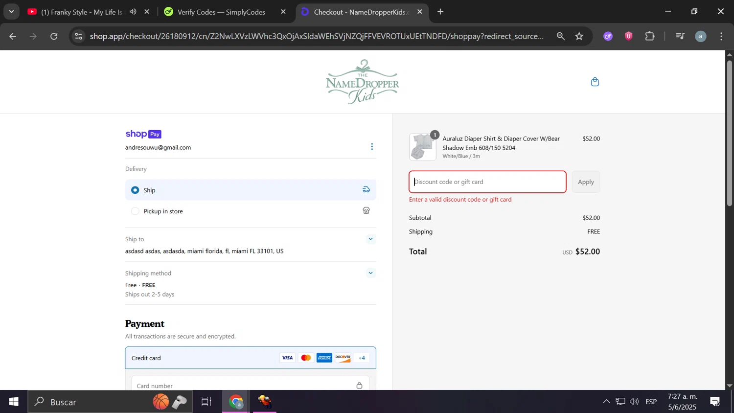 Name Dropper Kids promo code screenshot showing code 10spring25 applied at Name Dropper Kids checkout page. Uploaded by SimplyCodes community member Anderson on Jun 5, 2025