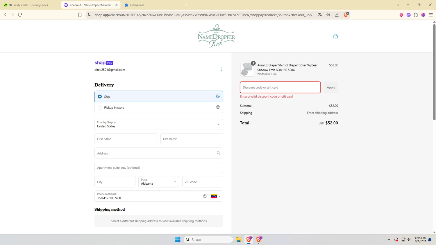 Name Dropper Kids promo code screenshot showing code 10spring25 applied at Name Dropper Kids checkout page. Uploaded by SimplyCodes community member VictoriousDefender7352 on Jun 5, 2025