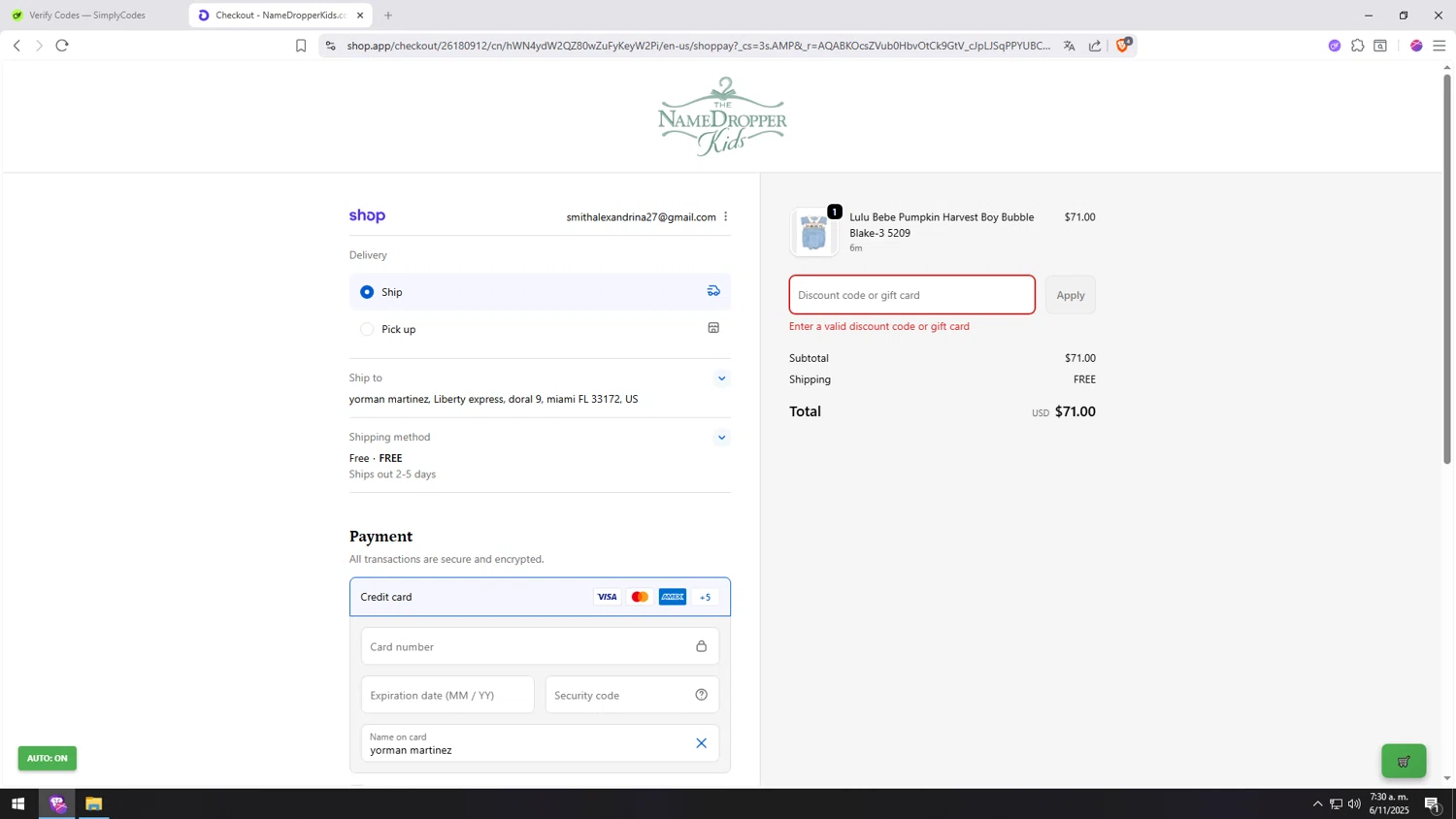 Name Dropper Kids promo code screenshot showing code 10fall25 applied at Name Dropper Kids checkout page. Uploaded by SimplyCodes community member MRYORMAN on Nov 6, 2025
