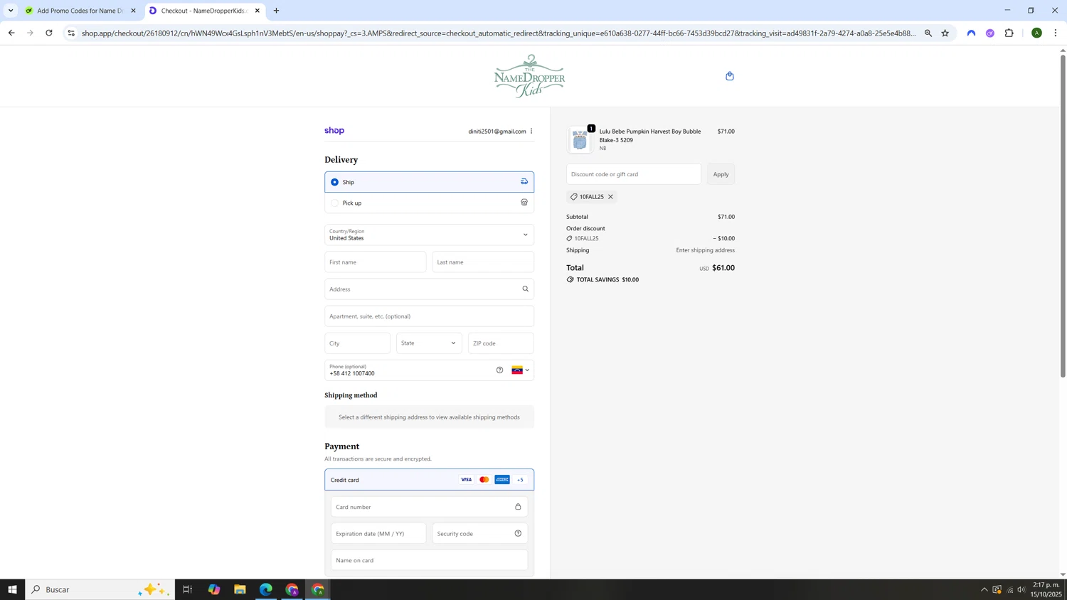 Name Dropper Kids promo code screenshot showing code 10fall25 applied at Name Dropper Kids checkout page. Uploaded by SimplyCodes community member AnthonyGTX on Oct 15, 2025