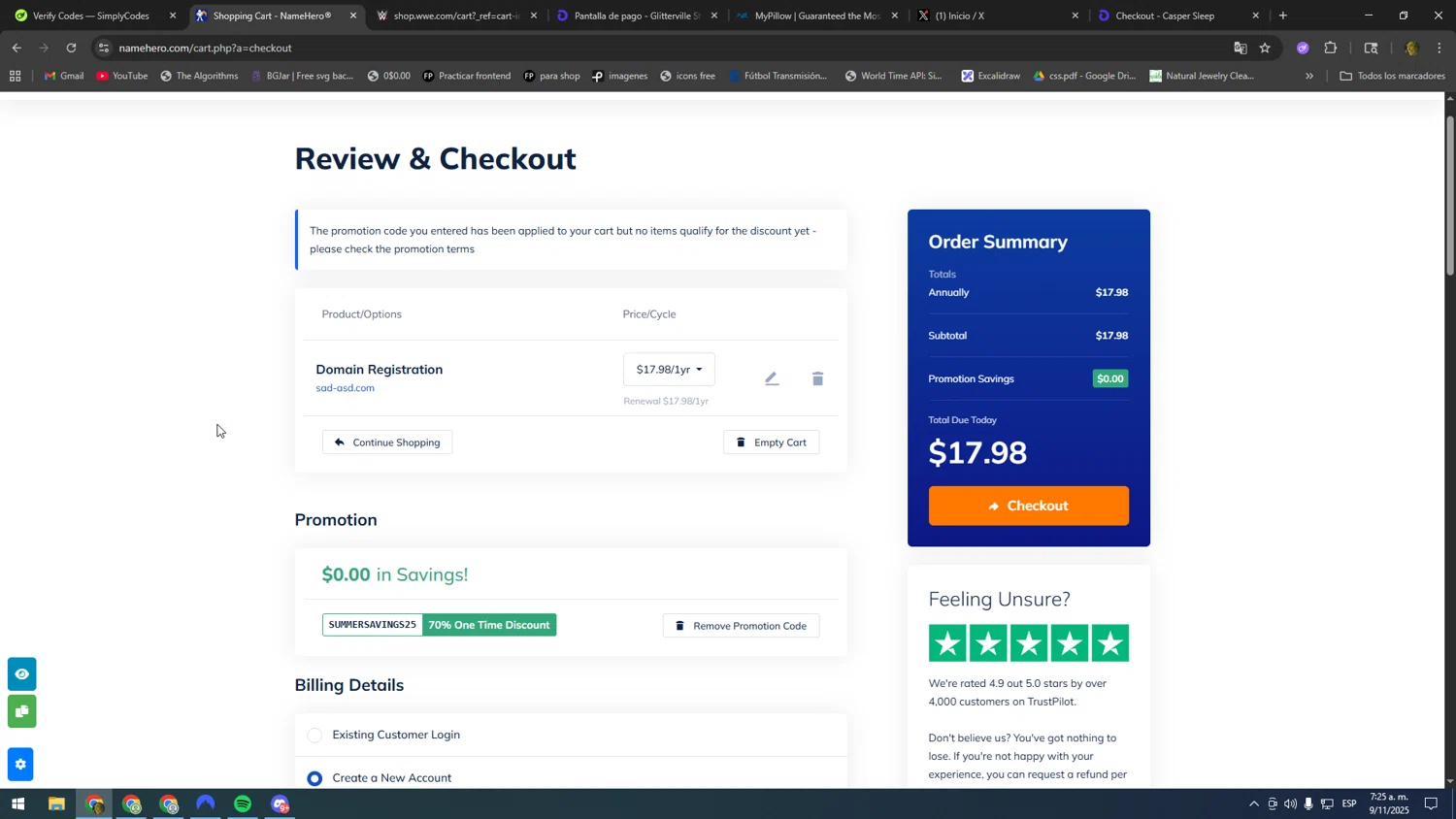 Name Hero promo code screenshot showing code SUMMERSAVINGS25 applied at Name Hero checkout page. Uploaded by SimplyCodes community member SOOOOOOOOOOOOOOOOOOOOOOO on Nov 9, 2025