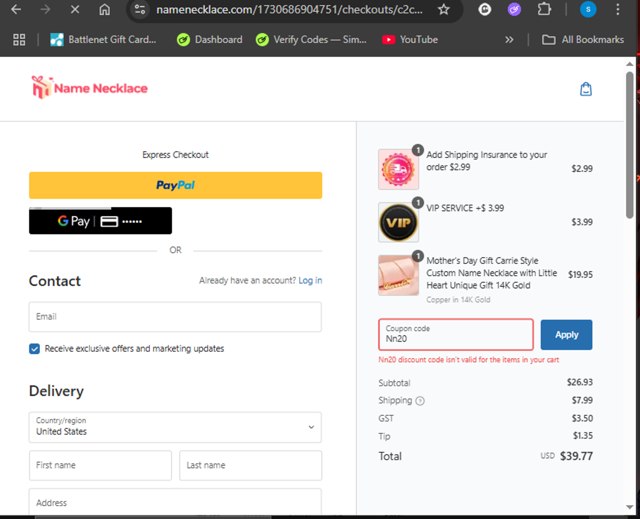 Name Necklace checkout page showing Name Necklace promo code box | Screenshot taken by SimplyCodes community member on Aug 31, 2025
