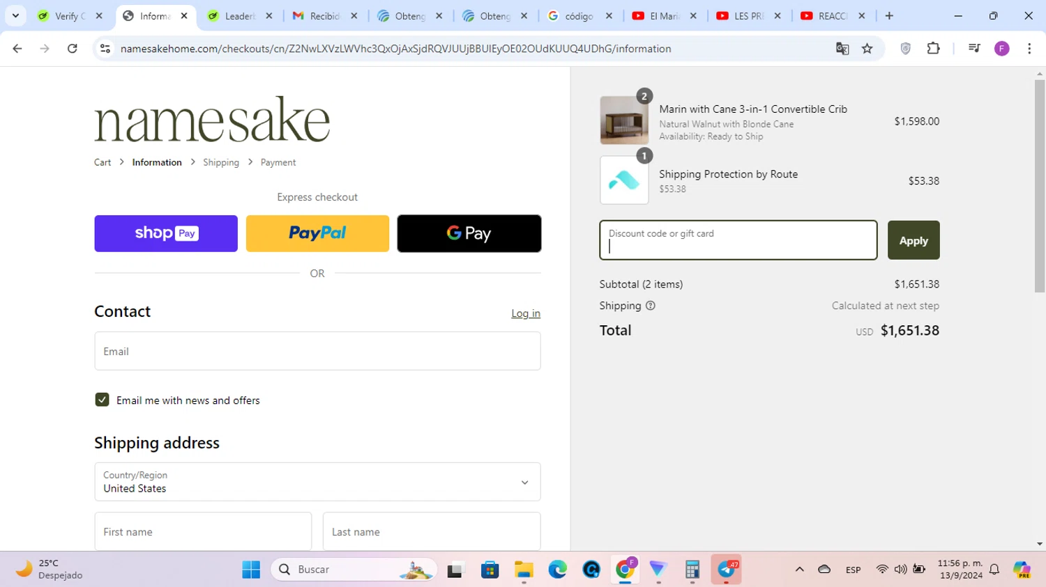 Namesake checkout page showing Namesake discount code box | Screenshot taken by SimplyCodes community member on Sep 14, 2024
