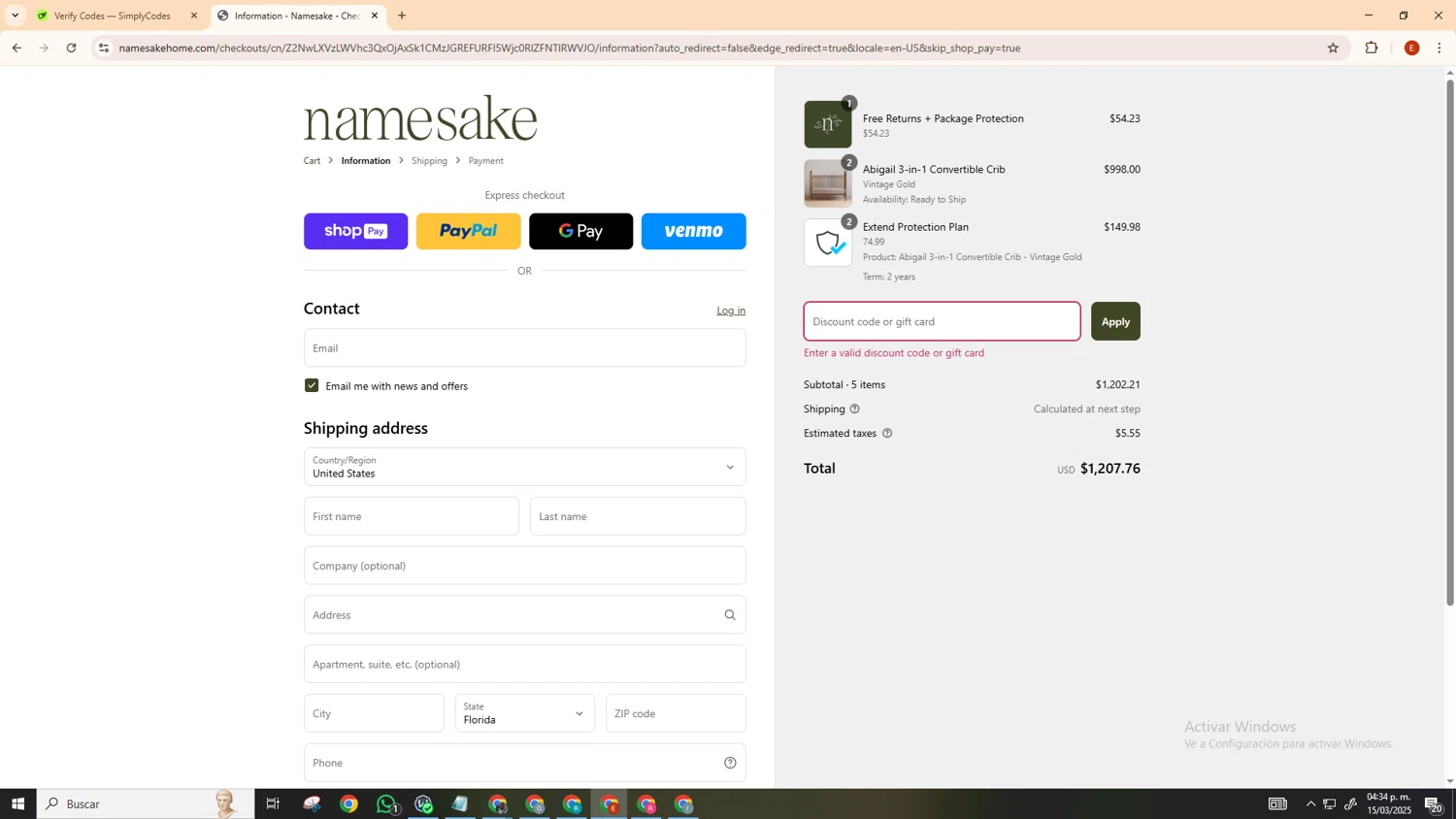 Namesake discount code screenshot showing code GOODNIGHTMAMA applied at Namesake checkout page. Uploaded by SimplyCodes community member MoneyScout5902 on Mar 15, 2025