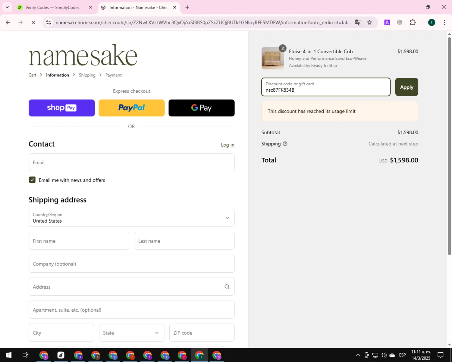 Namesake discount code screenshot showing code nsc87FK834B applied at Namesake checkout page. Uploaded by SimplyCodes community member BrilliantSleuth9299 on Mar 14, 2025