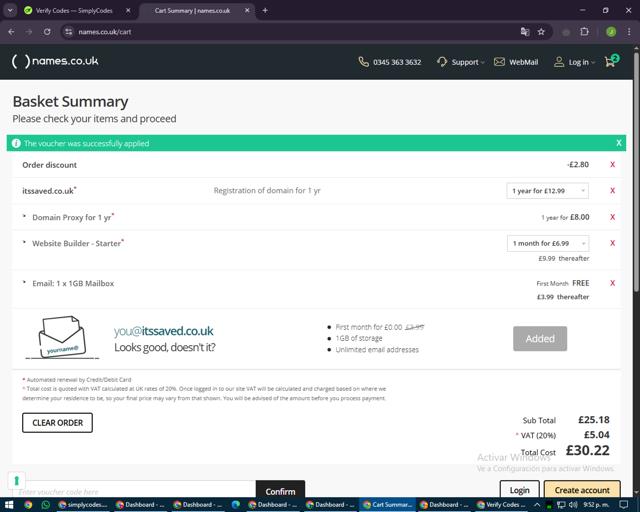 Names.co.uk checkout page showing Names.co.uk promo code box | Screenshot taken by SimplyCodes community member on May 16, 2025