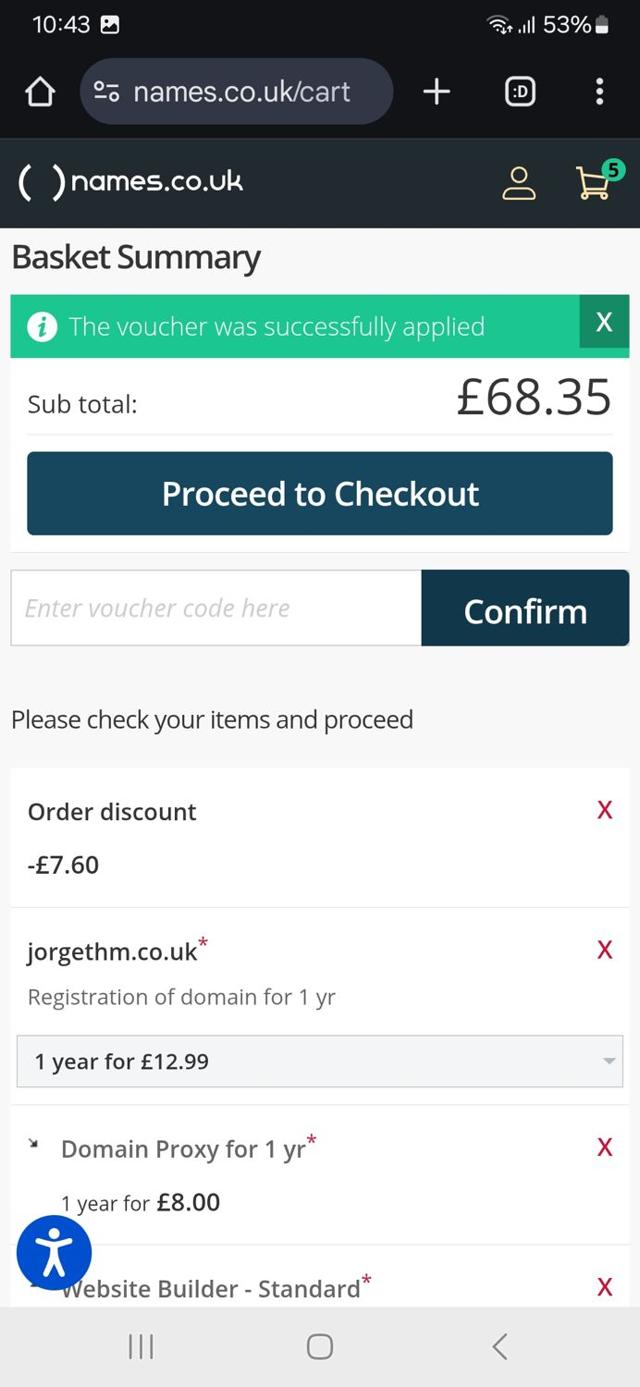 Names.co.uk checkout page showing Names.co.uk promo code box | Screenshot taken by SimplyCodes community member on May 23, 2025