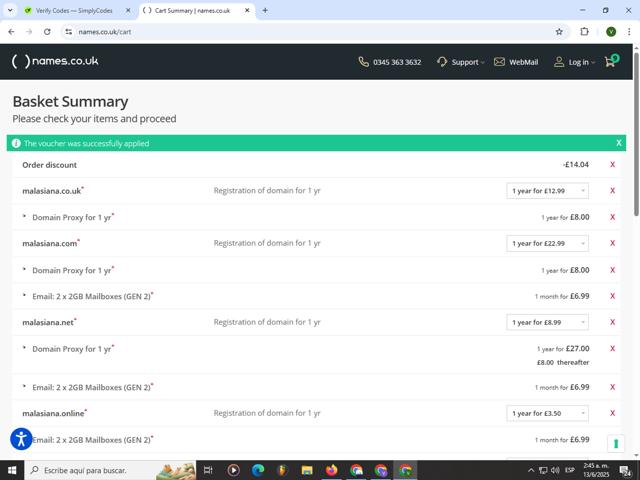 Names.co.uk checkout page showing Names.co.uk promo code box | Screenshot taken by SimplyCodes community member on Jun 13, 2025