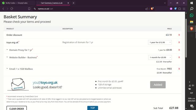 Names.co.uk checkout page showing Names.co.uk promo code box | Screenshot taken by SimplyCodes community member on Jun 20, 2025