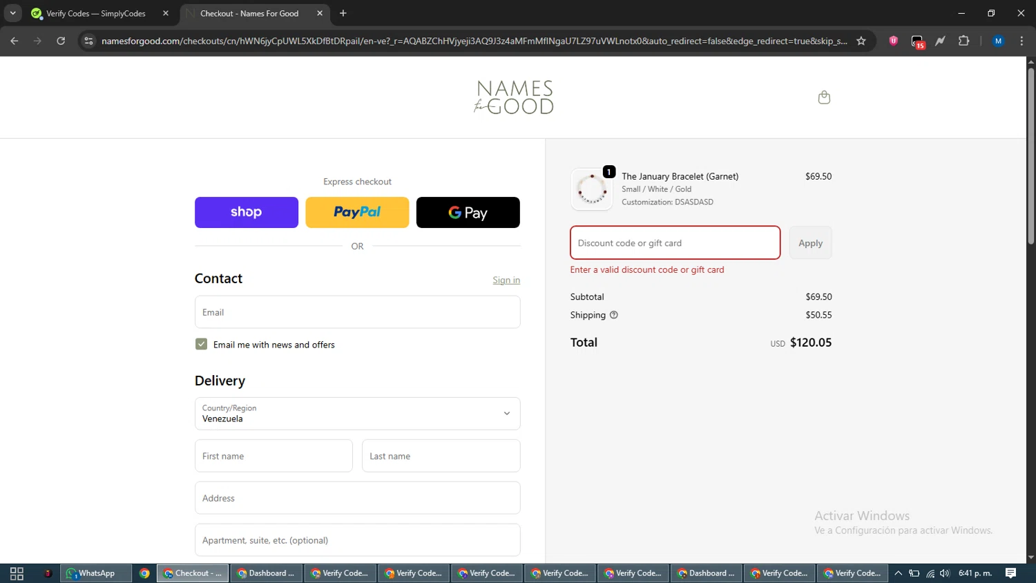 Names for Good discount code screenshot showing code ZMKS7RJZ applied at Names for Good checkout page. Uploaded by SimplyCodes community member EpicVoyager2820 on Dec 22, 2025