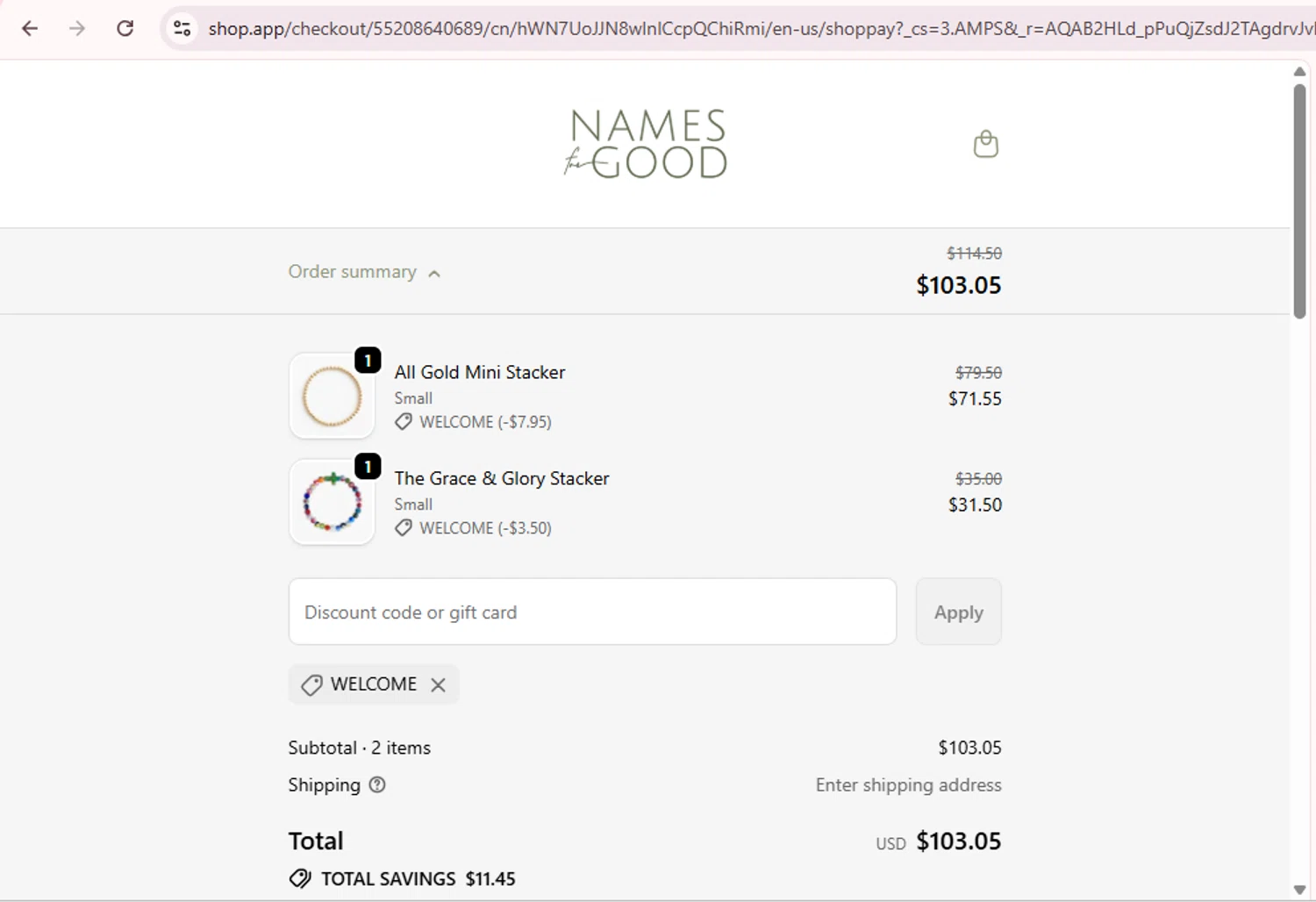 Names for Good promo code screenshot showing code WELCOME applied at Names for Good checkout page. Uploaded by SimplyCodes community member PromoExpert5262 on Jan 11, 2026