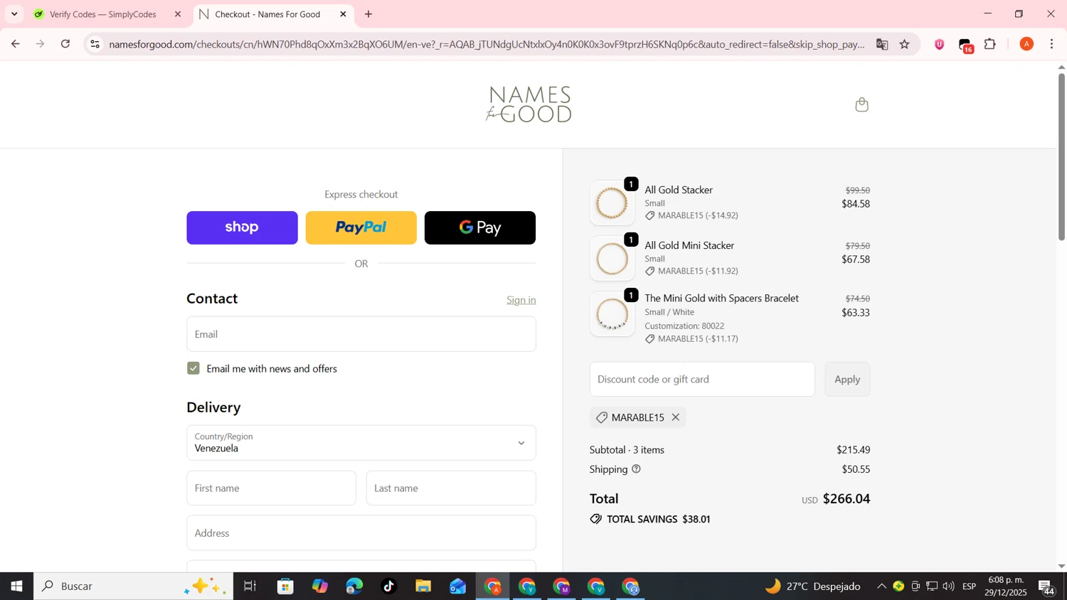 Names for Good discount code screenshot showing code MARABLE15 applied at Names for Good checkout page. Uploaded by SimplyCodes community member FrugalSentinel6206 on Dec 29, 2025