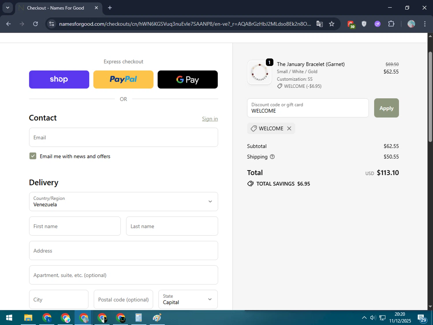 Names for Good discount code screenshot showing code WELCOME applied at Names for Good checkout page. Uploaded by SimplyCodes community member LegendaryLegend5536 on Dec 12, 2025