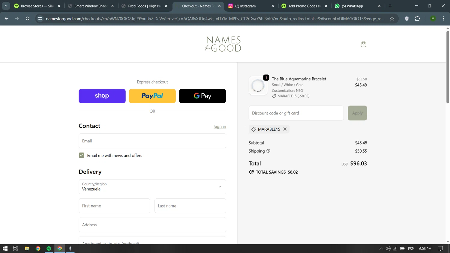 Names for Good discount code screenshot showing code MARABLE15 applied at Names for Good checkout page. Uploaded by SimplyCodes community member becomeaware on Dec 29, 2025