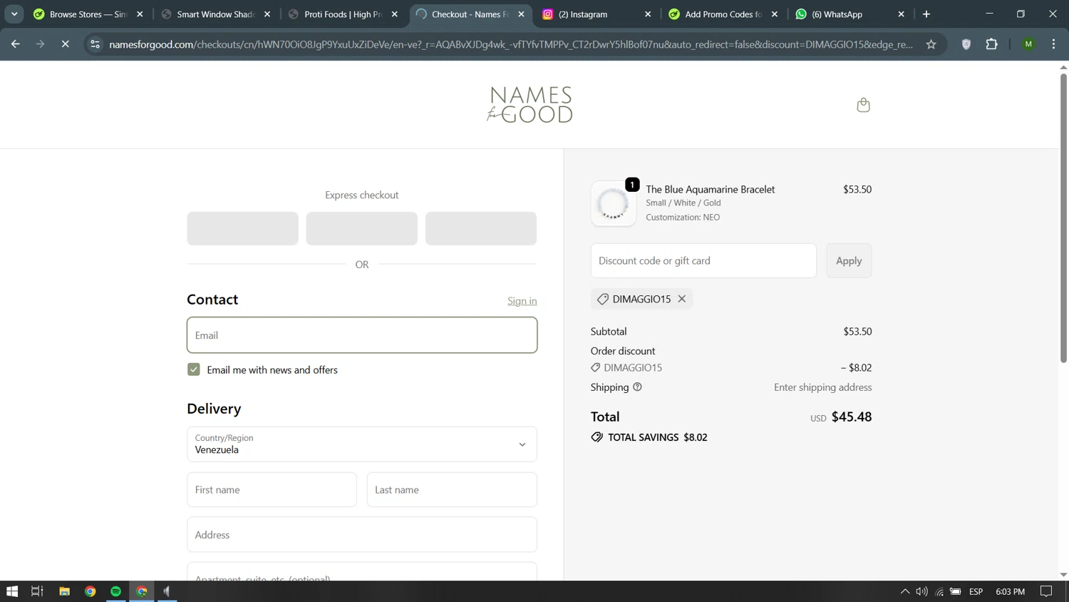 Names for Good discount code screenshot showing code DIMAGGIO15 applied at Names for Good checkout page. Uploaded by SimplyCodes community member becomeaware on Dec 29, 2025