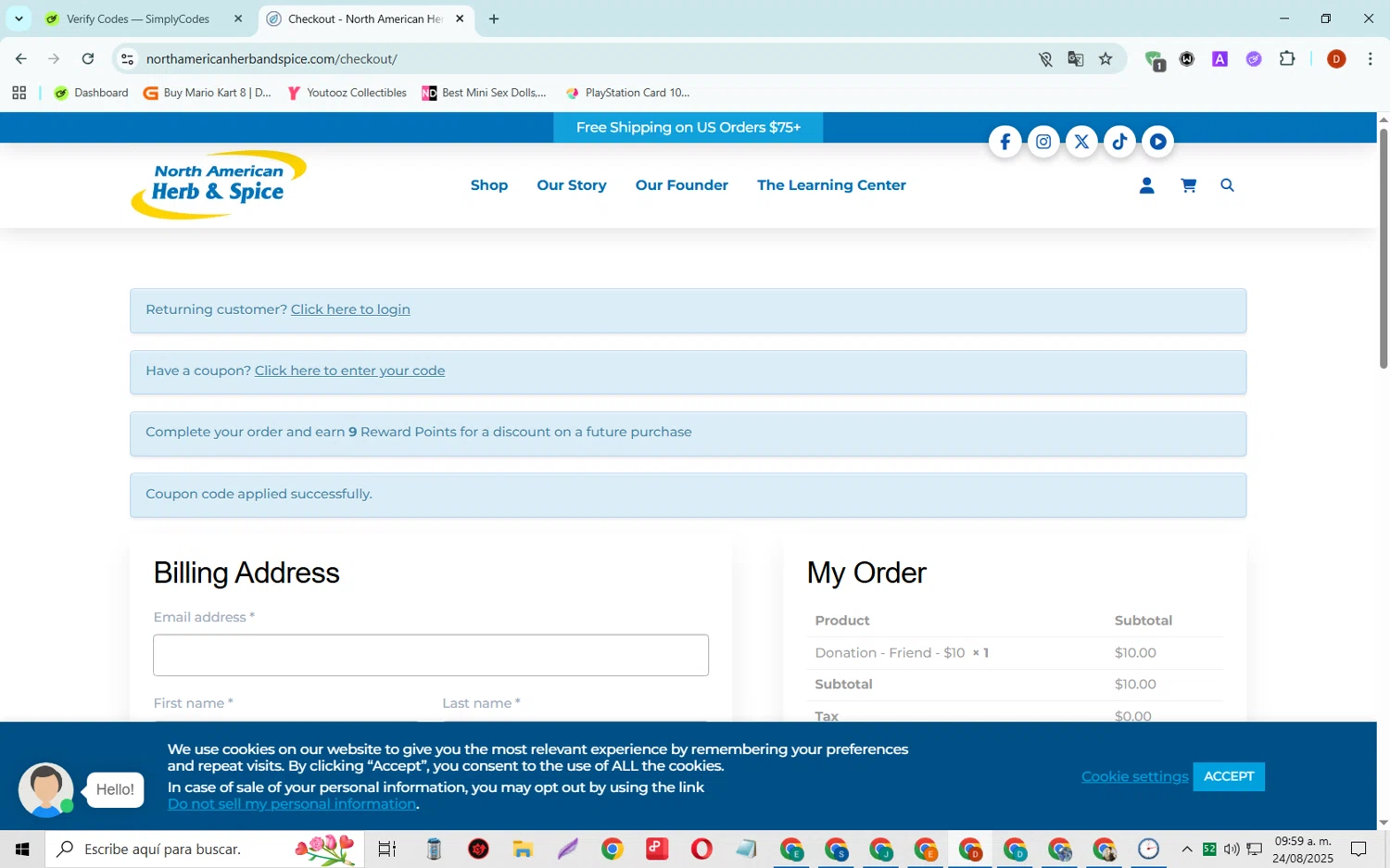 North American Herb & Spice promo code screenshot showing code MATT15 applied at North American Herb & Spice checkout page. Uploaded by SimplyCodes community member SaleSaver3540 on Aug 24, 2025