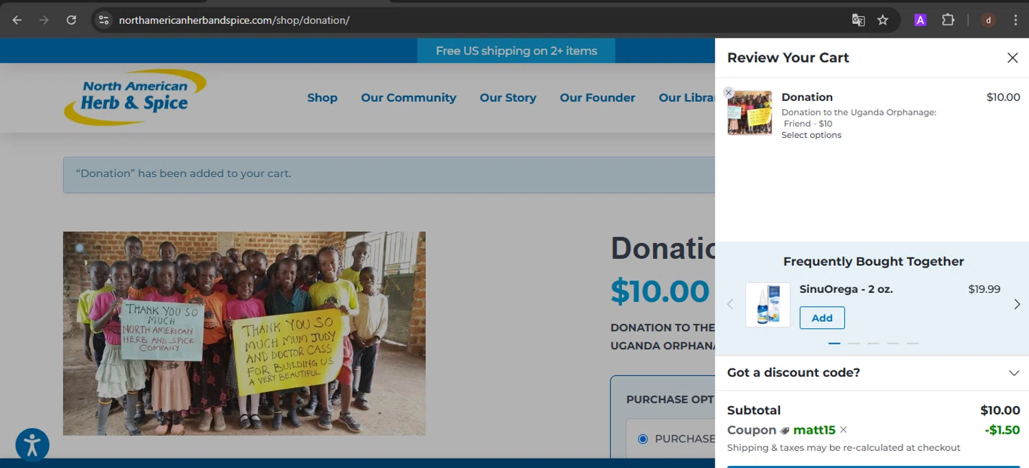 North American Herb & Spice promo code screenshot showing code MATT15 applied at North American Herb & Spice checkout page. Uploaded by SimplyCodes community member VoucherSpotter9376 on Feb 5, 2025