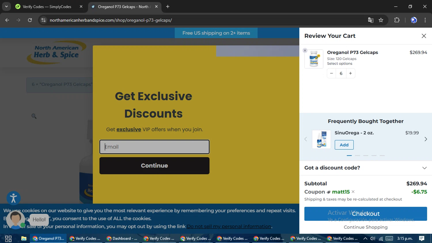 North American Herb & Spice promo code screenshot showing code MATT15 applied at North American Herb & Spice checkout page. Uploaded by SimplyCodes community member WiseHunter8213 on Jan 15, 2025