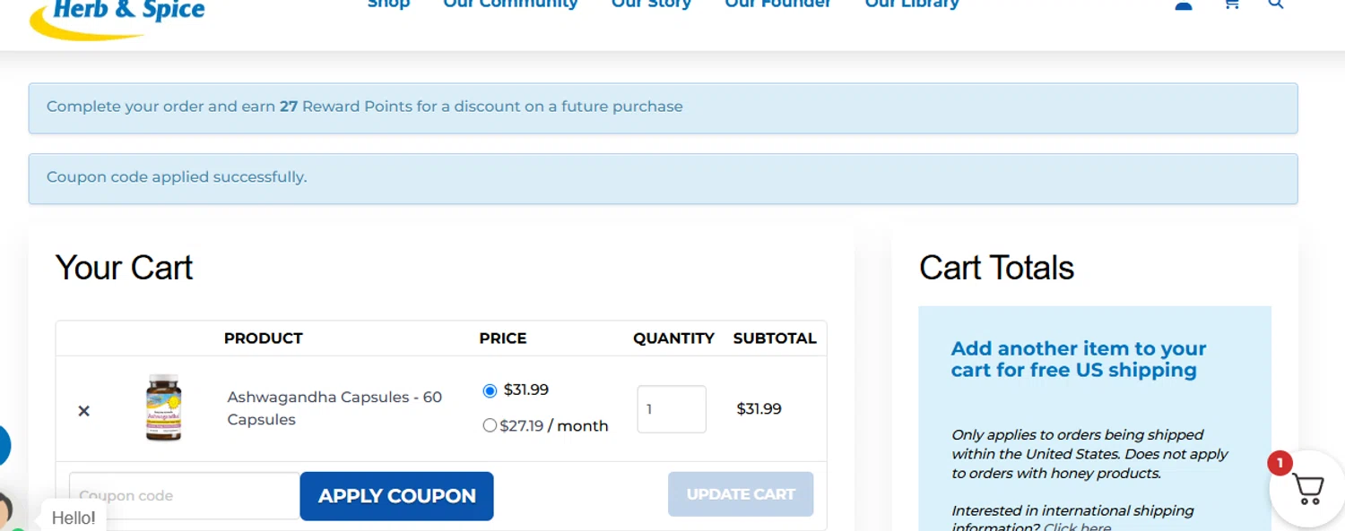 North American Herb & Spice promo code screenshot showing code CHRISTINA15 applied at North American Herb & Spice checkout page. Uploaded by SimplyCodes community member alfock22 on Jan 15, 2025