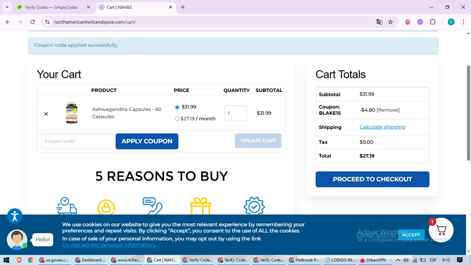North American Herb & Spice promo code screenshot showing code BLAKE15 applied at North American Herb & Spice checkout page. Uploaded by SimplyCodes community member QuestScholar5572 on Aug 21, 2025