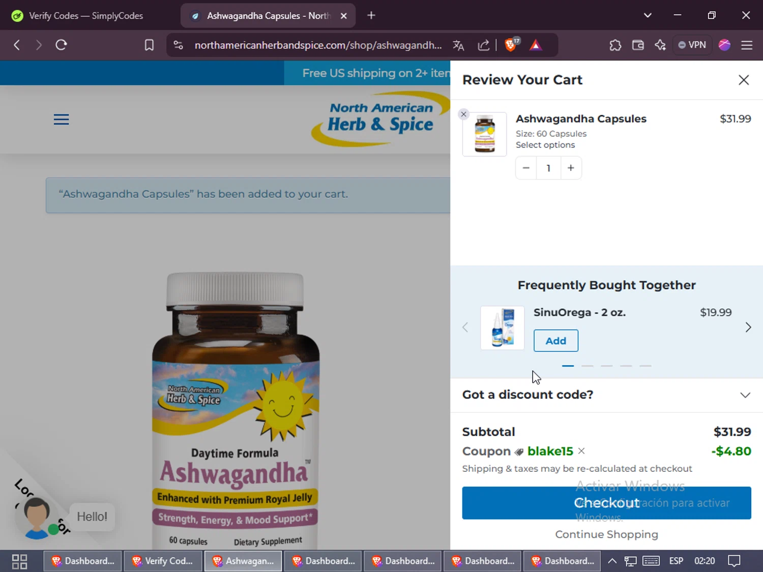 North American Herb & Spice promo code screenshot showing code BLAKE15 applied at North American Herb & Spice checkout page. Uploaded by SimplyCodes community member Rayyyyyy on Feb 2, 2025